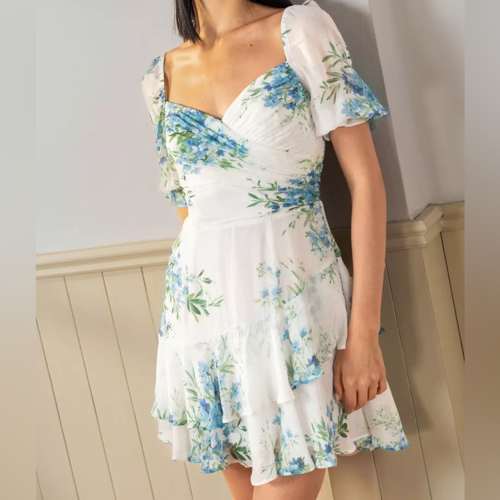 REVOLVE White and Blue Floral Mini Dress